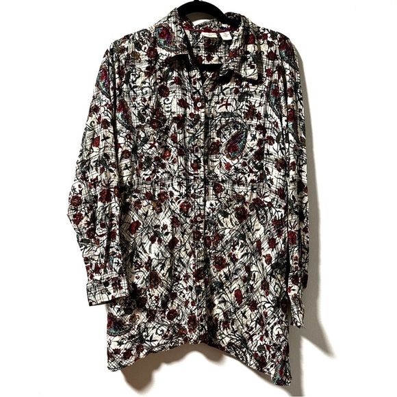 Westbound‎ Beige Black Plaid Floral Button-Down Long Sleeve Top Plus Size 1X - Picture 1 of 12